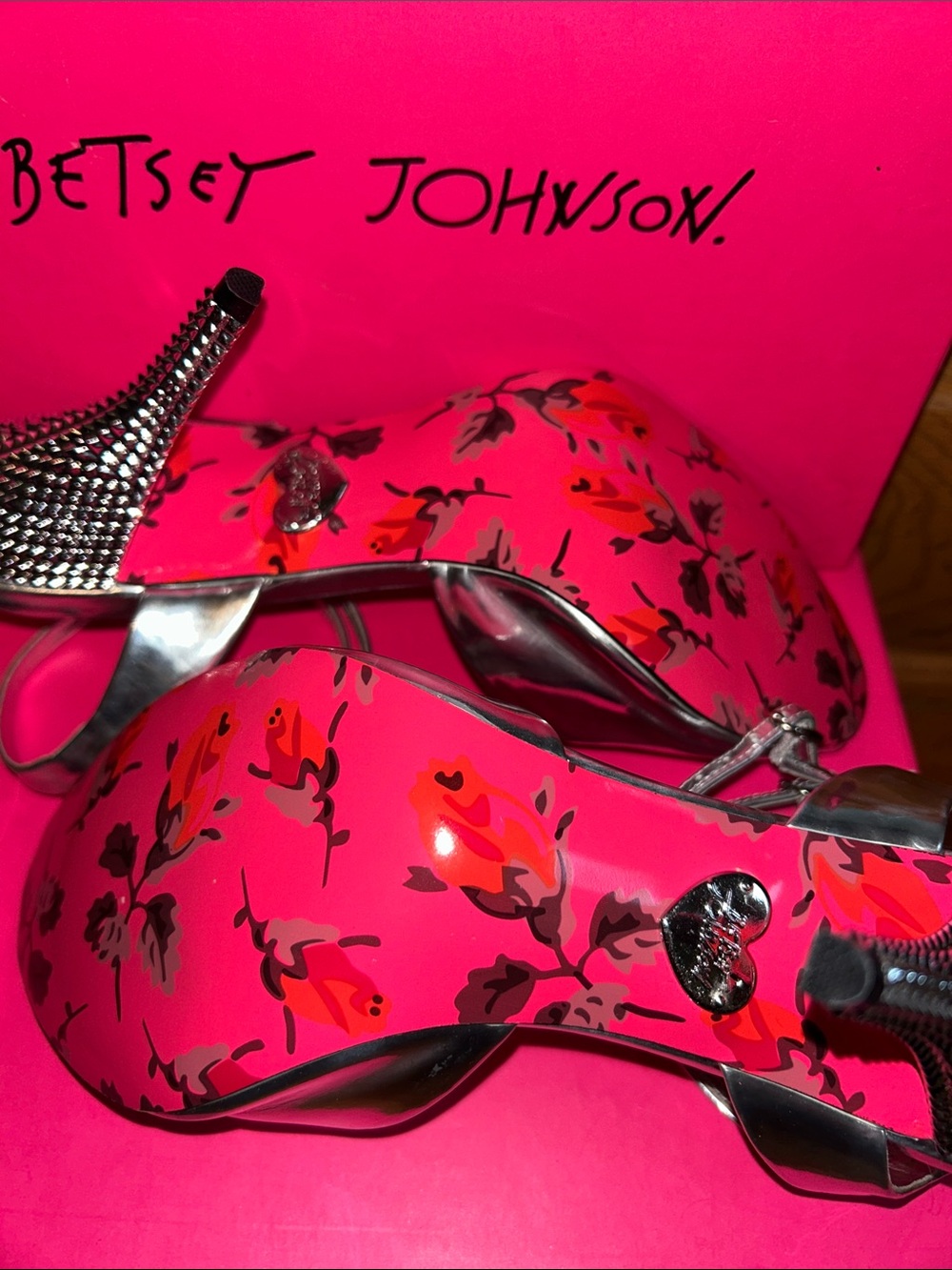 Vintage Betsey Johnson Silver Metallic Peep-Toe Ankle Strap Heels